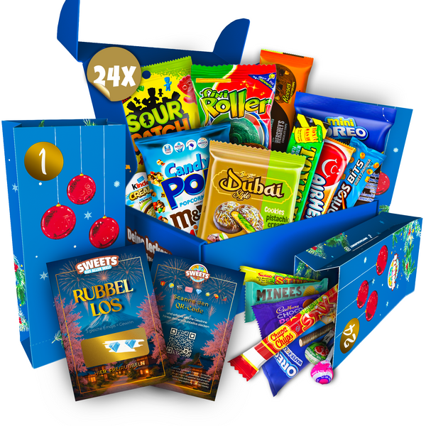 Amerikanische Süßigkeiten Box mit 24 Teilen + gratis Adventskalender Tüten - Adventskalender Füllung mit Süßigkeiten & Snack aus aller Welt - American Candy Box (XL)